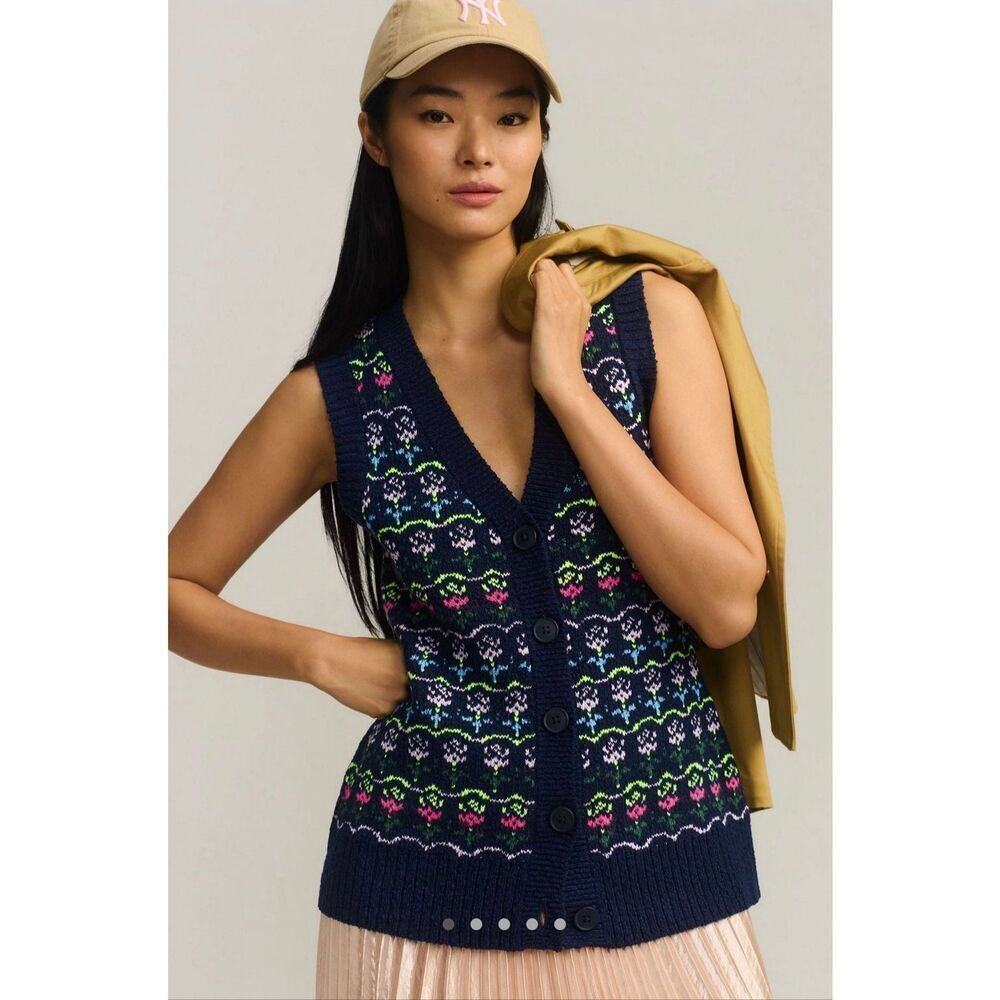 Anthropologie Maeve Sweater Vest Printed Floral Boho Button Front Blue size Smal